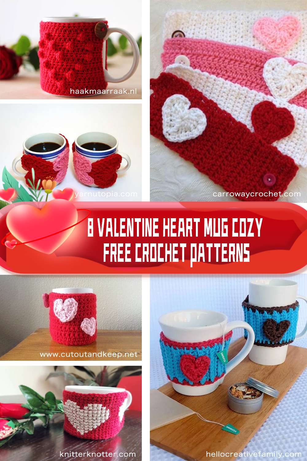 8 Valentine Heart Mug Cozy FREE Crochet Patterns