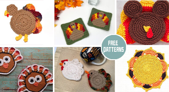 6 Thanksgiving Turkey Coaster Crochet Patterns - FREE