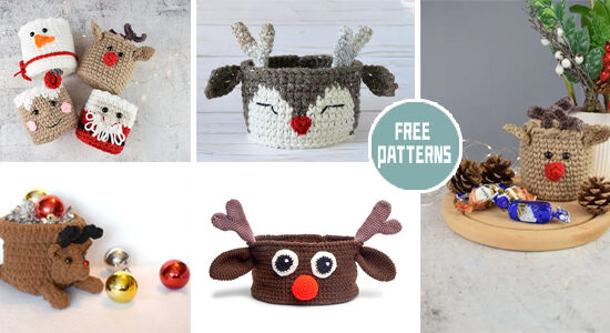 5 Christmas Reindeer Basket Crochet Patterns - FREE