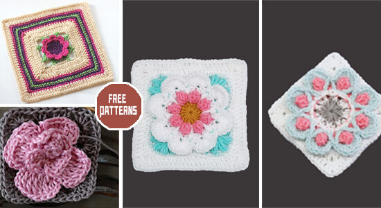 6 3D Flower Square Crochet Patterns - FREE
