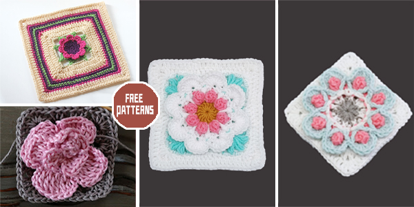 6 3D Flower Square Crochet Patterns - FREE