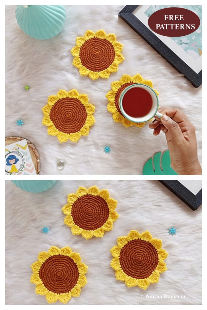 5 Sunflower Coaster Crochet Patterns - FREE - iGOODideas.com